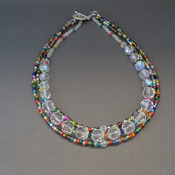 Handmade Multicolor Seed Bead & Clear Crystal Necklace | 3-Strand Beaded Choker - Picture 2 of 5